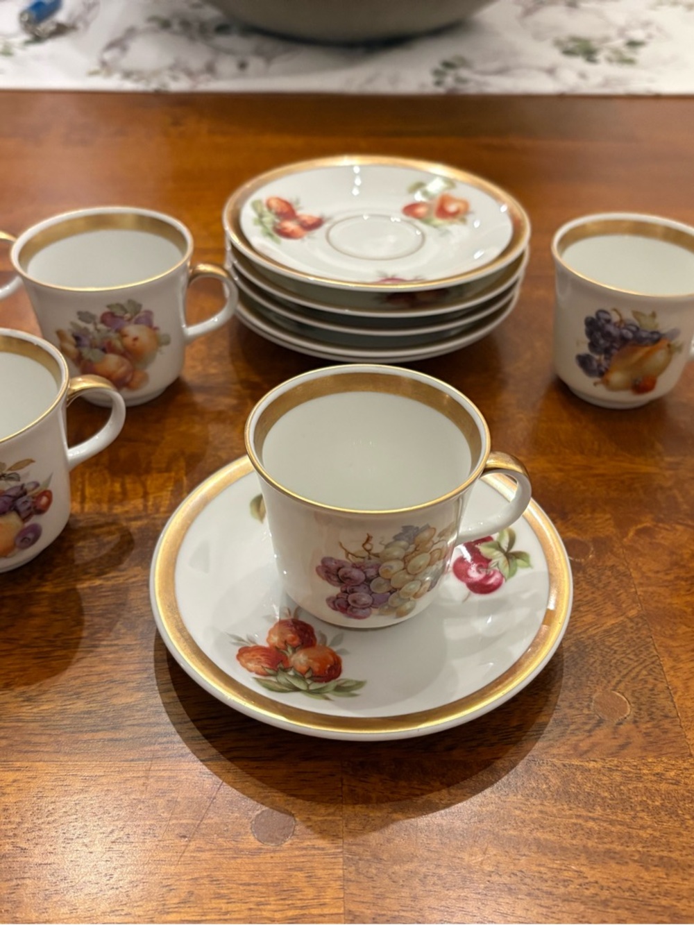 Vintage PMR Bavaria Germany Golden Crown small tea cups with saucers.